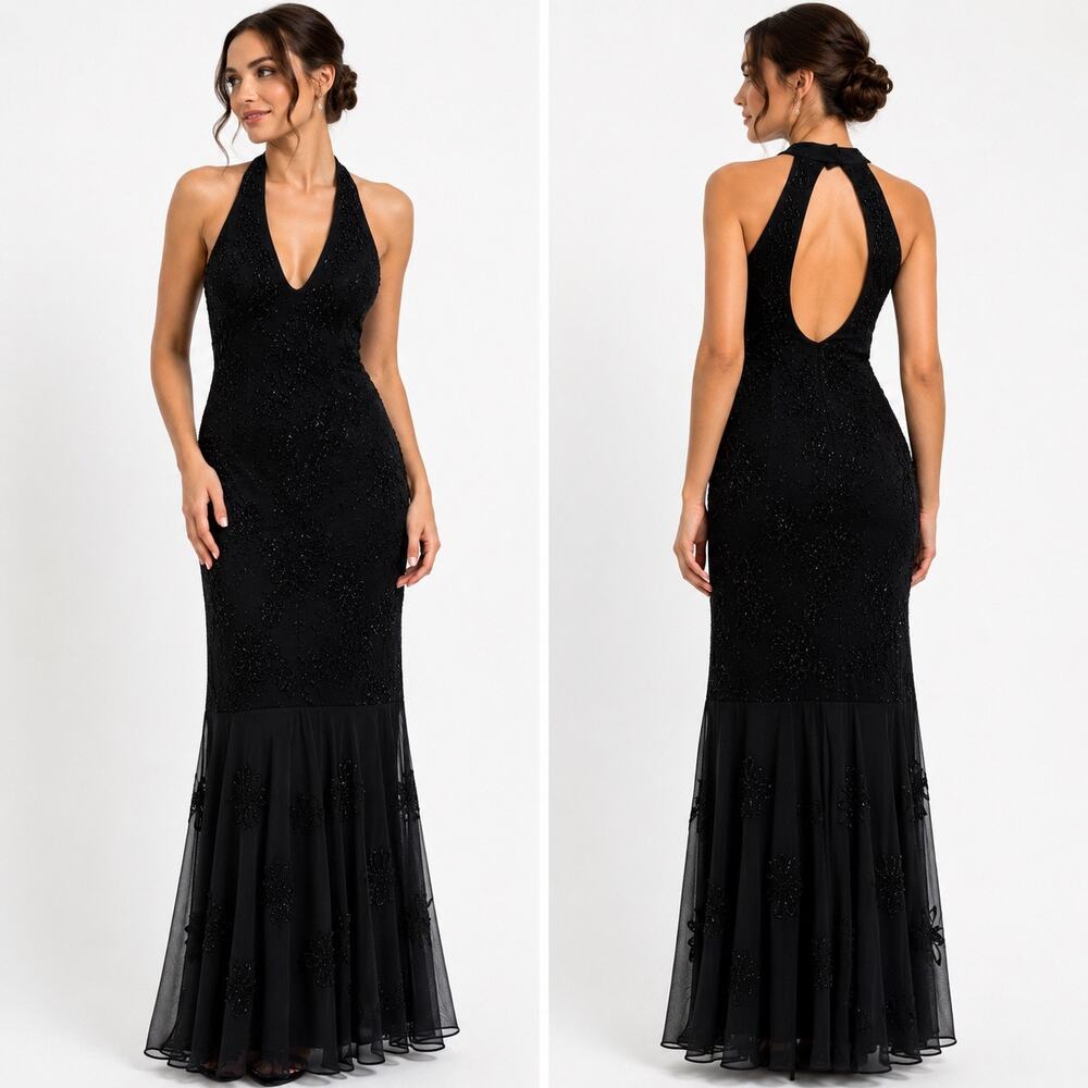 Vintage Black Halter-Mermaid Midi Dress - size 4